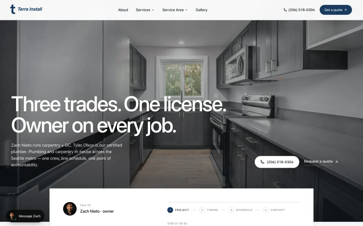 The site I built for them, on a desktop. General contractor, Burien, WA