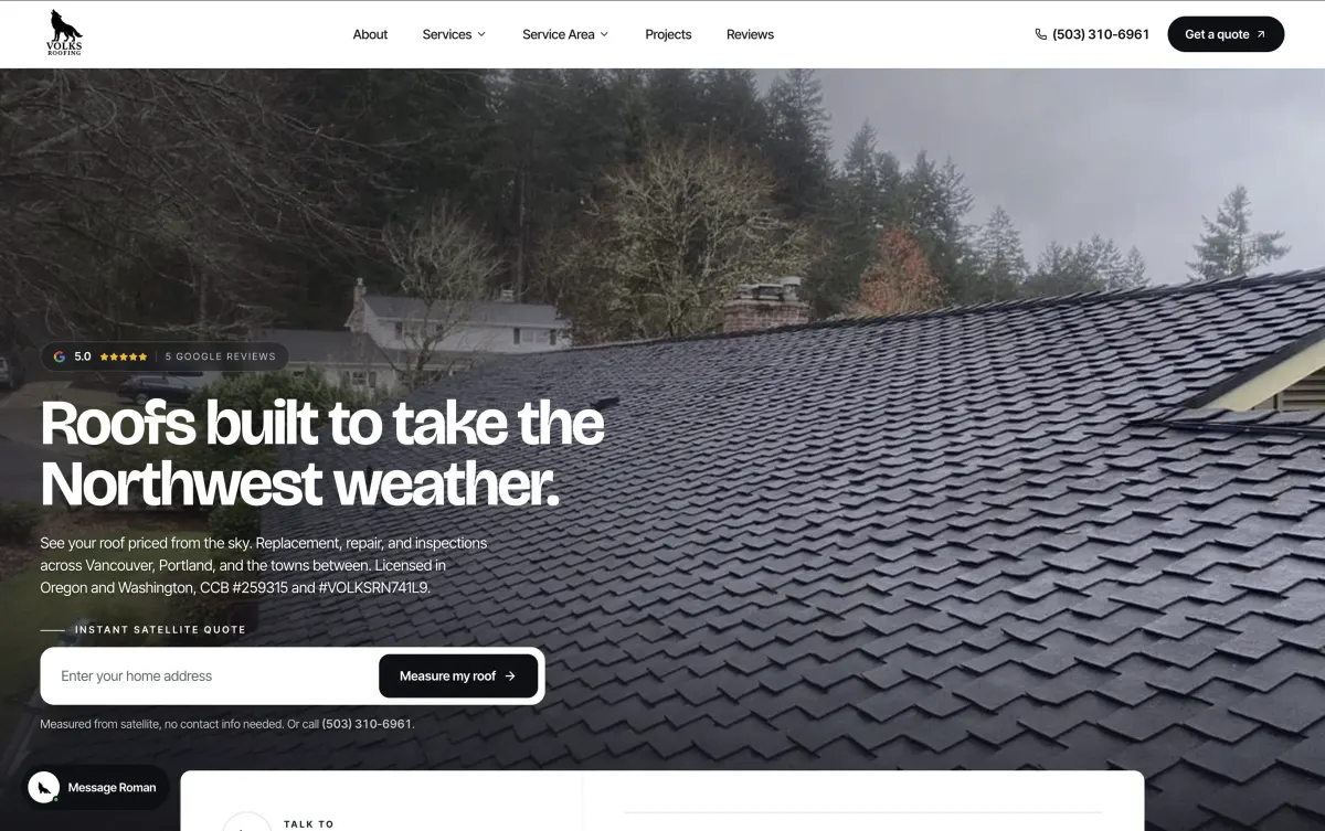 A site I built, on a desktop. Roofing, Vancouver WA