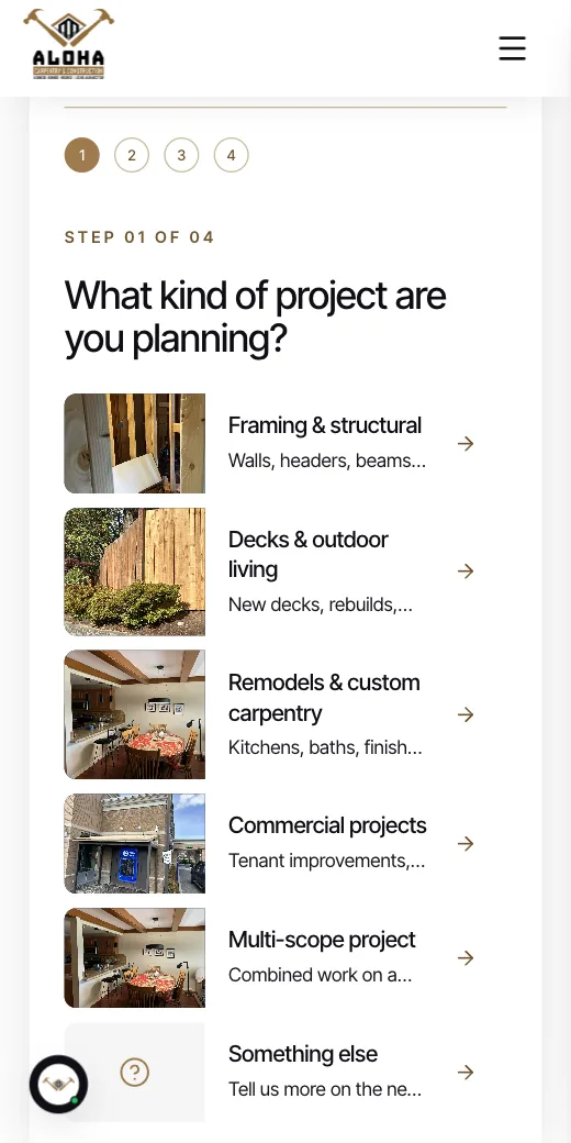 A homeowner filling the quote wizard on an iPhone. Carpentry, Everett WA