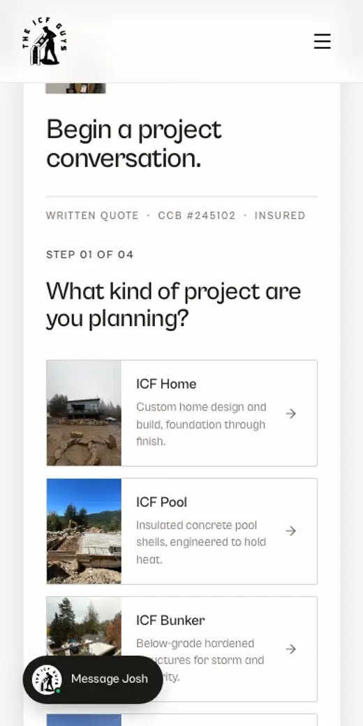 A homeowner filling the estimate form on an iPhone. Concrete homes, White Salmon WA