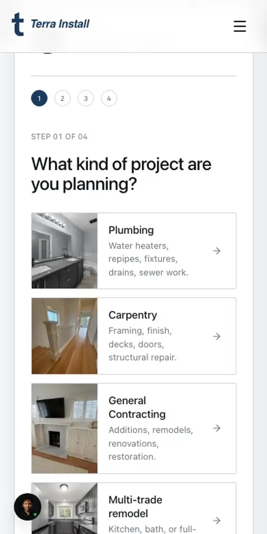 A homeowner filling the quote form on an iPhone. General contractor, Burien WA