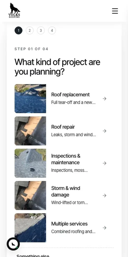 A homeowner filling the quote wizard on an iPhone. Roofing, Vancouver WA